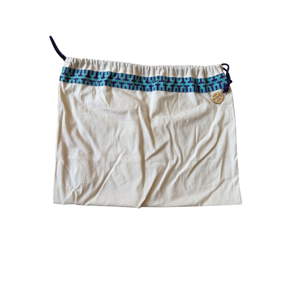 Tory‎ Burch Canvas Dust Bag Drawstring Pouch Cream Purple Teal Gold Logo Charm